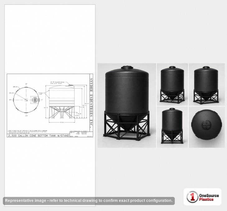 Dimensional spec drawing for Snyder 2500 Gallon Cone Bottom Tank (95" L x 95" W x 104" H)