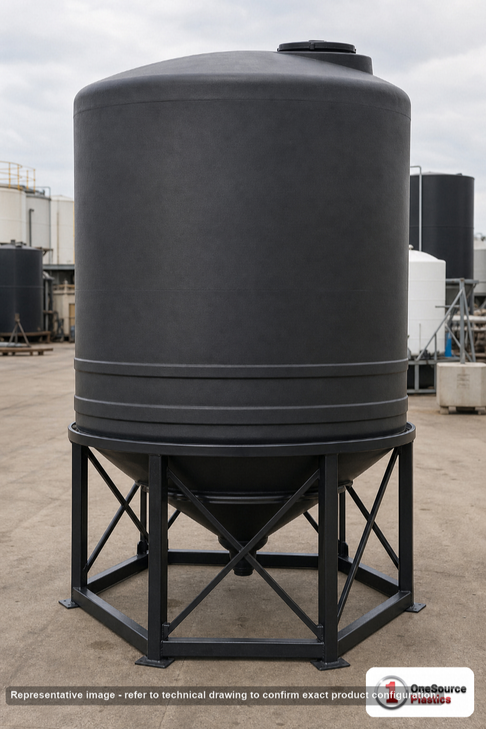 Snyder Industries 2500 Gallon XLPE Cone Bottom Tank. Crosslinked Linear Polyethylene; Black; dimensions 104.0in H x 95.0in W x 95.0in L; 470.0 lb empty; 1.5 specific gravity rating; fittings: 1 Manway / Lid; max temp 100 deg  F / 37 deg  C. Manufacturer part number 8350000n46. Sold by OneSource Plastics (https://www.onesourceplastics.com).