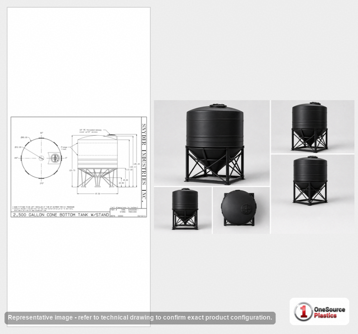 Dimensional spec drawing for Snyder 2500 Gallon Cone Bottom Tank (95" L x 95" W x 104" H)