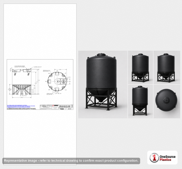 Dimensional spec drawing for Snyder 2000 Gallon Cone Bottom Tank (90" L x 90" W x 102" H)