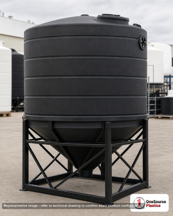 Snyder Industries 1600 Gallon XLPE Heavy Duty Cone Bottom Tank. Crosslinked Linear Polyethylene; Black; dimensions 72.0in H x 95.0in W x 95.0in L; 277.0 lb empty; 1.9 specific gravity rating; fittings: 1 Manway / Lid; max temp 100 deg  F / 37 deg  C. Manufacturer part number 8330000n48. Sold by OneSource Plastics (https://www.onesourceplastics.com).