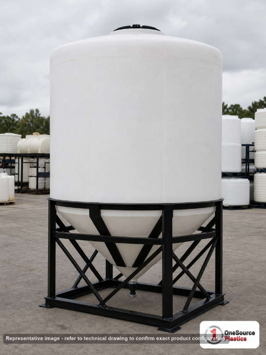 Snyder Industries 1250 Gallon XLPE Heavy Duty Cone Bottom Tank. Crosslinked Linear Polyethylene; Natural White; dimensions 70.0in H x 95.0in W x 95.0in L; 300.0 lb empty; 1.9 specific gravity rating; fittings: 1 Manway / Lid; max temp 100 deg  F / 37 deg  C. Manufacturer part number 8310000n42. Sold by OneSource Plastics (https://www.onesourceplastics.com).