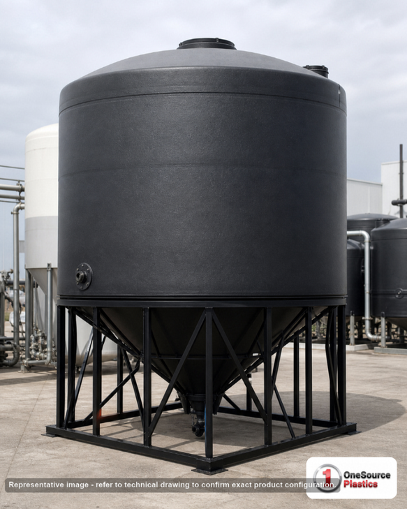 Snyder Industries 1250 Gallon XLPE Heavy Duty Cone Bottom Tank. Crosslinked Linear Polyethylene; Black; dimensions 70.0in H x 95.0in W x 95.0in L; 300.0 lb empty; 1.9 specific gravity rating; fittings: 1 Manway / Lid; max temp 100 deg  F / 37 deg  C. Manufacturer part number 8310000n48. Sold by OneSource Plastics (https://www.onesourceplastics.com).
