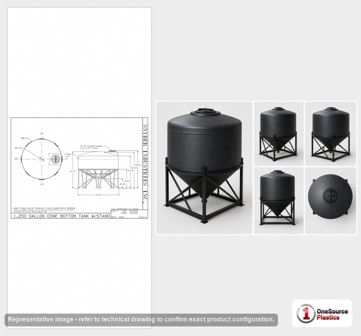 Dimensional spec drawing for Snyder 1250 Gallon Cone Bottom Tank (95" L x 95" W x 70" H)
