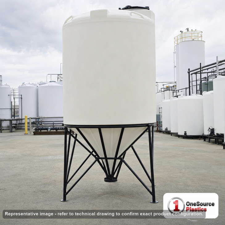 Snyder Industries 1000 Gallon XLPE Heavy Duty Cone Bottom Tank. 1000 gallon capacity; Crosslinked Linear Polyethylene; Natural White; dimensions 103.0in H x 64.0in W x 64.0in L; 210.0 lb empty; 1.9 specific gravity rating; 45-degree cone bottom; fittings: 1 Manway / Lid; max temp 100 deg  F / 37 deg  C. Manufacturer part number 5000000n42. Manufactured by Snyder. Sold by OneSource Plastics (https://www.onesourceplastics.com).