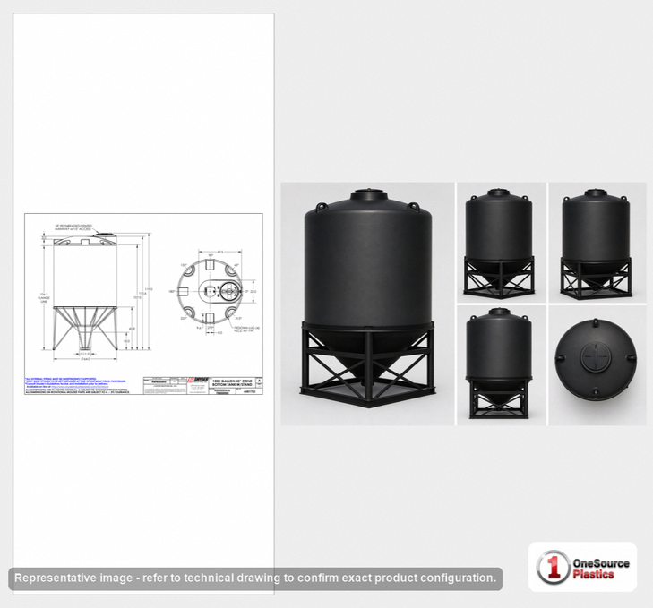 Dimensional spec drawing for Snyder 1000 Gallon Cone Bottom Tank (64" L x 64" W x 103" H)