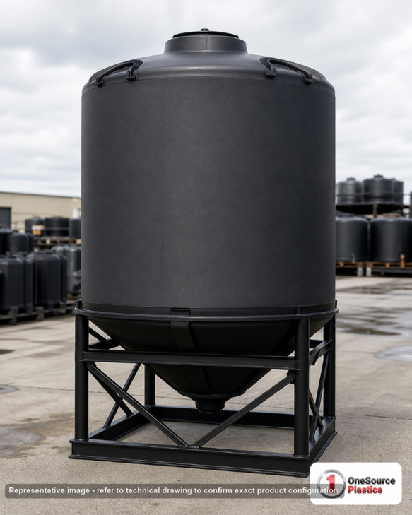 Snyder Industries 500 Gallon XLPE Heavy Duty Cone Bottom Tank. 500 gallon capacity; Crosslinked Linear Polyethylene; Black; dimensions 63.0in H x 64.0in W x 64.0in L; 120.0 lb empty; 1.9 specific gravity rating; 45-degree cone bottom; fittings: 1 Manway / Lid; max temp 100 deg  F / 37 deg  C. Manufacturer part number 6190000n48. Manufactured by Snyder. Sold by OneSource Plastics (https://www.onesourceplastics.com).