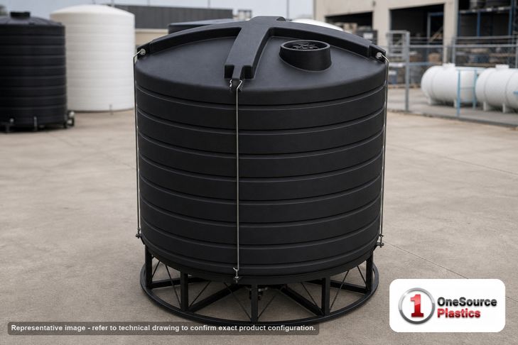 Enduraplas 400 Gallon Sump Bottom Transport Tank With Frame in Black. Polyethylene; Black; dimensions 45.0in H x 46.0in W x 74.0in L; 262.0 lb empty; 1.9 specific gravity rating. Manufacturer part number EP-THD00400KBK. Sold by OneSource Plastics (https://www.onesourceplastics.com).