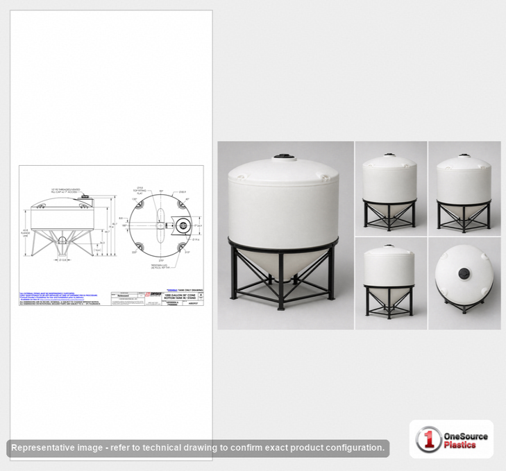 Dimensional spec drawing for Snyder 1000 Gallon Cone Bottom Tank (86" L x 86" W x 66" H)
