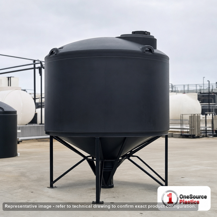 Snyder Industries 1650 Gallon XLPE Heavy Duty Cone Bottom Tank. 1650 gallon capacity; Crosslinked Linear Polyethylene; Black; dimensions 94.0in H x 86.0in W x 86.0in L; 300.0 lb empty; 1.9 specific gravity rating; 30-degree cone bottom; fittings: 1 Manway / Lid; max temp 100 deg  F / 37 deg  C. Manufacturer part number 1910000n48. Manufactured by Snyder. Sold by OneSource Plastics (https://www.onesourceplastics.com).