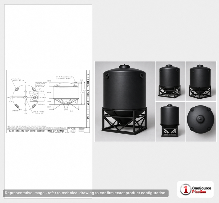 Dimensional spec drawing for Snyder 1400 Gallon Cone Bottom Tank (86" L x 86" W x 80" H)