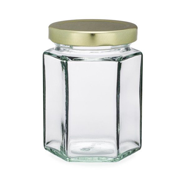 6 oz Clear Glass Hexagon Jars (Gold Metal Lug Cap) - 8022B45