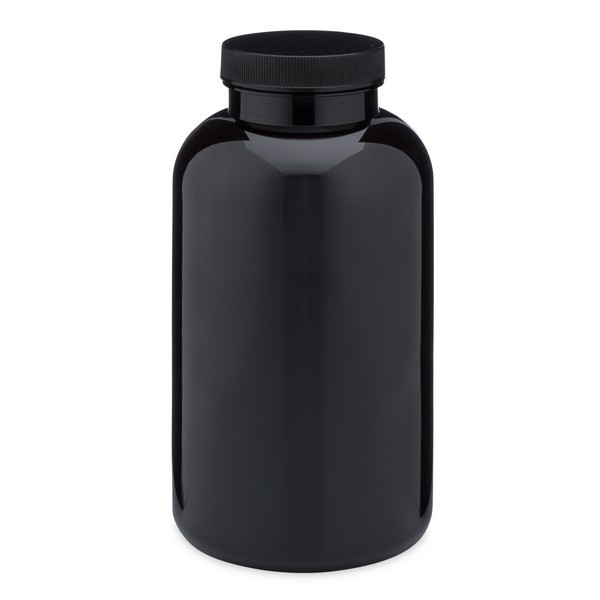 25 oz Dark Amber PET Plastic Wide Mouth Packer Bottles (Black Screw Top Cap) - 3369B13ABR
