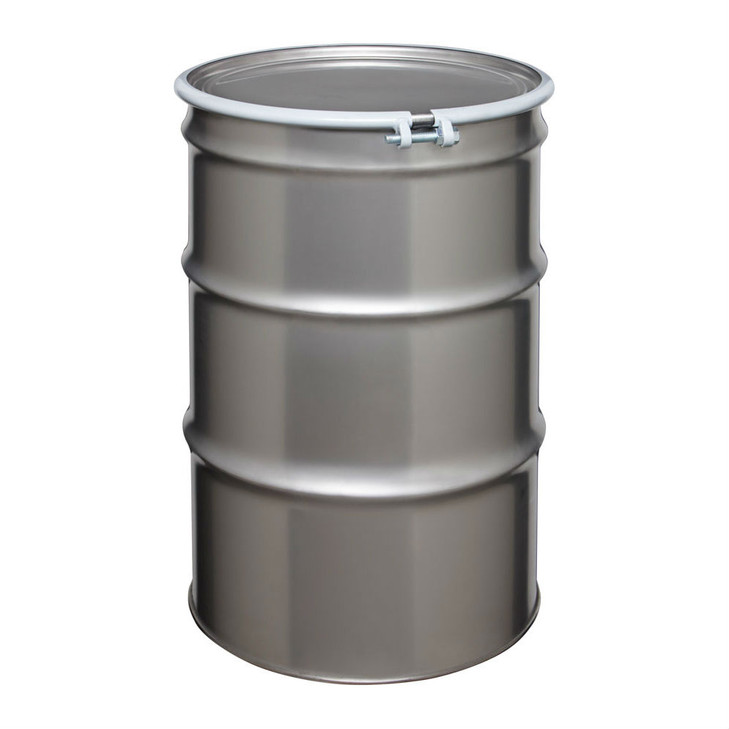 55 gal Silver Stainless Steel Open Head UN Rated Drums (Bolt &amp; Nut Ring Lid) - KA576