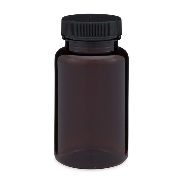 2 oz Amber PET Plastic Wide Mouth Packer Bottles (Black Screw Top Cap) - 3369B01LAM