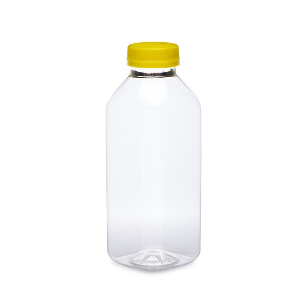 16 oz Clear PET Square Contoured Beverage Bottles (Yellow Tamper-Evident Cap) - 3494B08