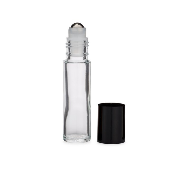2.7 Dram (10 ml) Clear Glass Vial with Stainless Steel Roller Ball &amp; Black PP   Cap - 3123B63