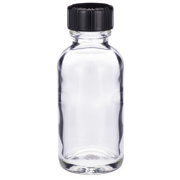 1 oz Clear Glass Boston Round Bottles (Black Phenolic Cap) - 4699B43CLR