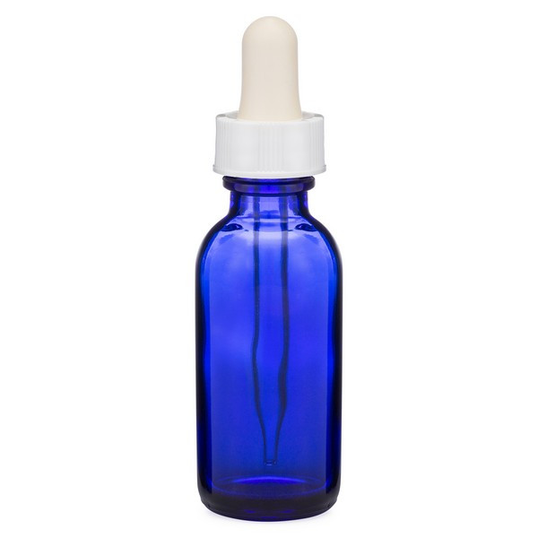 1 oz Cobalt Blue Glass Boston Round Bottles (White Dropper Cap) - 4998B83WHT