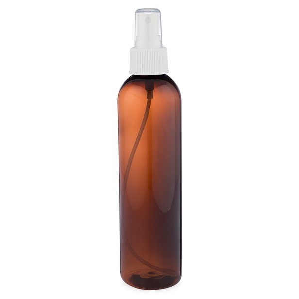 8 oz Amber PET Bullet Bottle &amp; White Fine Mist Sprayer - P-AB8AW