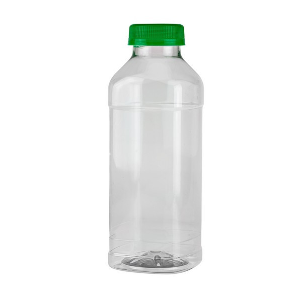 14.5 oz Clear PET Plastic Square Bottles with Label Panel (Green Tamper-Evident Cap) - 3592B04