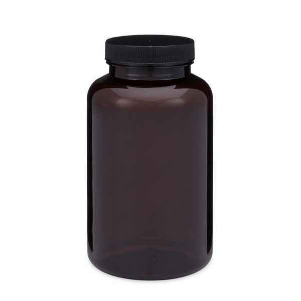 17 oz Amber PET Plastic Wide Mouth Packer Bottles (Black Screw Top Cap) - 3369B11LAM