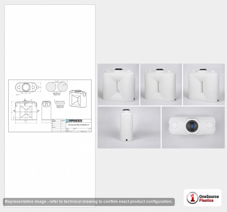 Dimensional spec drawing for Norwesco 250 Gallon Doorway Tank (59" L x 25" W x 54" H)