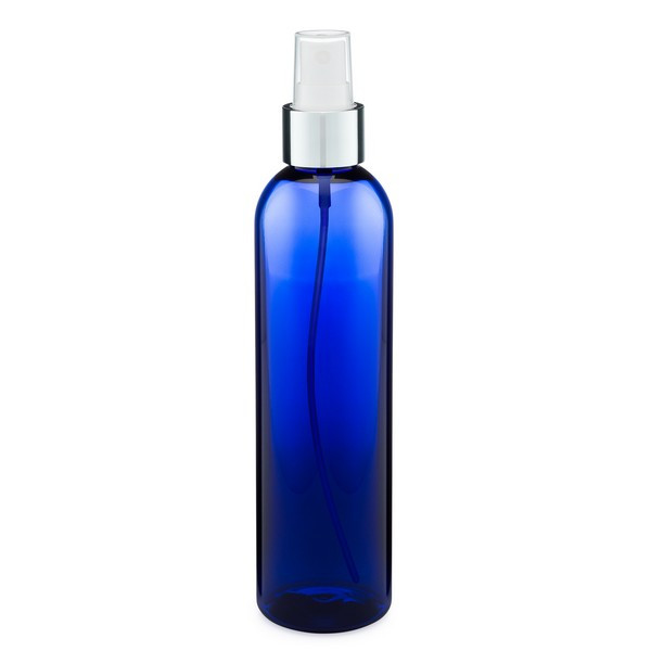 8 oz Cobalt Blue PET Bullet Bottle &amp; Silver Fine Mist Sprayer - P-CB8AS