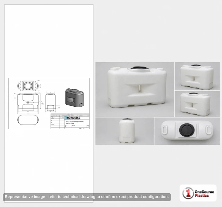 Dimensional spec drawing for Norwesco 250 Gallon Doorway Tank (62" L x 29" W x 44" H)