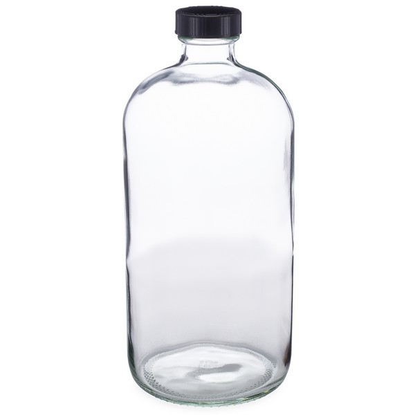 32 oz Clear Glass Boston Round Bottles (Black Phenolic Cap) - 4699B13CLR