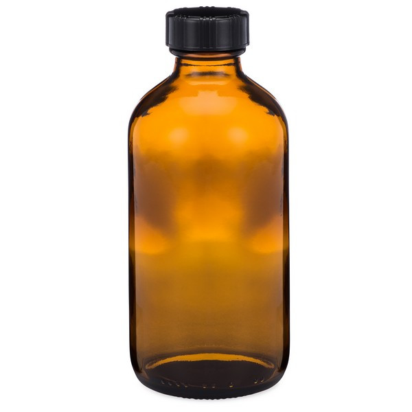8 oz Amber Glass Boston Round Bottles (Black Phenolic Cap) - 4698B09ABR