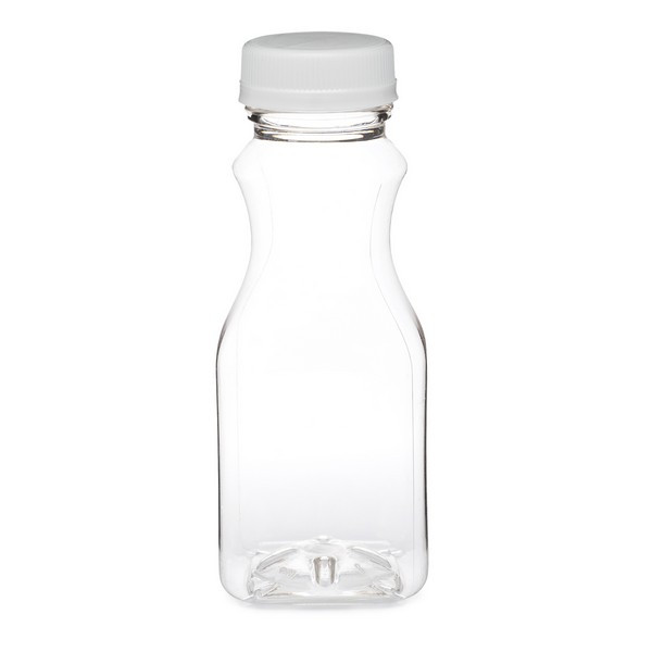 8 oz Clear PET Plastic Decanter Juice Bottles (White Tamper-Evident Cap) - 3499B01