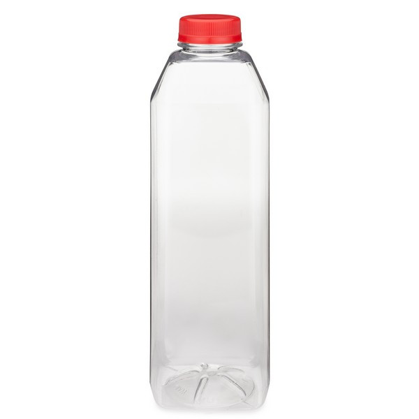 32 oz Clear PET Square Beverage Bottles (Red Tamper-Evident Cap) - 3497B03