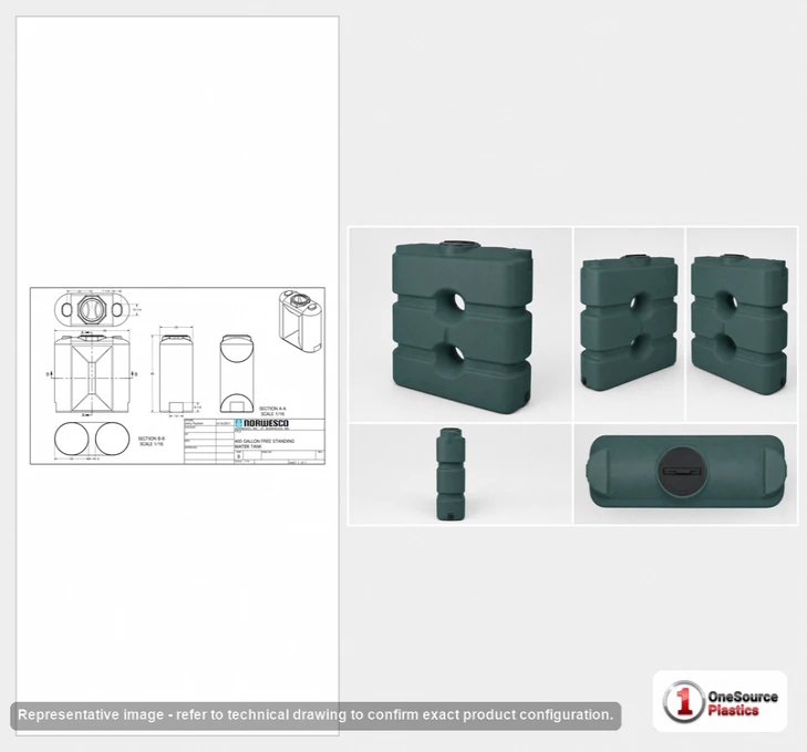 Dimensional spec drawing for Norwesco 400 Gallon Doorway Tank (66" L x 29" W x 70" H)