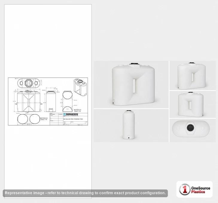Dimensional spec drawing for Norwesco 500 Gallon Doorway Tank (74" L x 31" W x 70" H)
