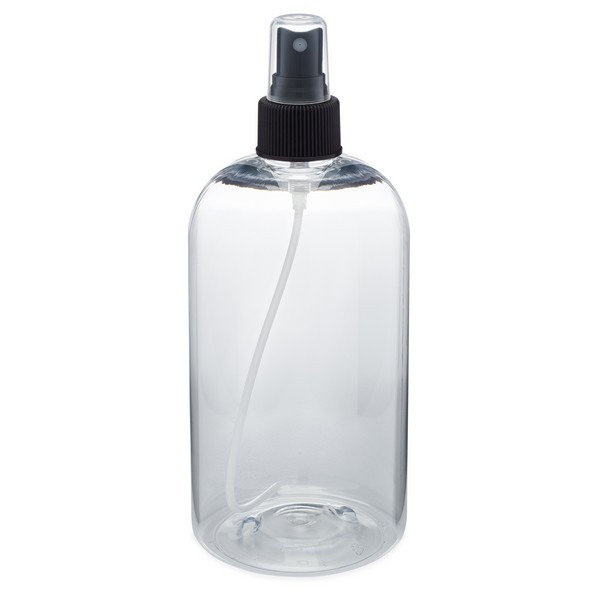 16 oz Clear PET Boston Round &amp; Black Fine Mist Sprayer - P-BC16AB