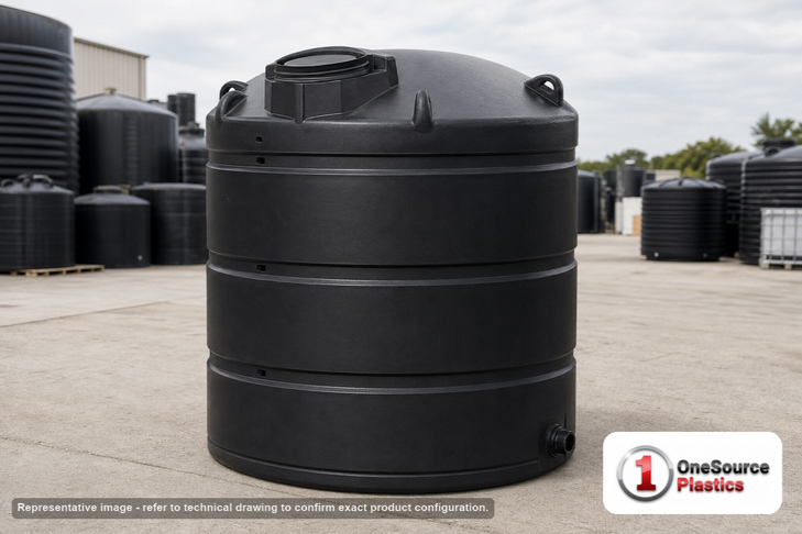1000 Gallon Vertical Liquid Storage Tank HD in Black 1.9SG. Polyethylene; Black; dimensions 80.0in H x 64.0in W x 64.0in L; 200.0 lb empty; 1.9 specific gravity rating. Manufacturer part number N-42212. Sold by OneSource Plastics (https://www.onesourceplastics.com).