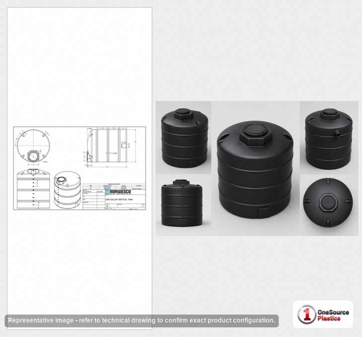 Dimensional spec drawing for Norwesco 1000 Gallon Vertical Storage Tank (64" L x 64" W x 80" H)