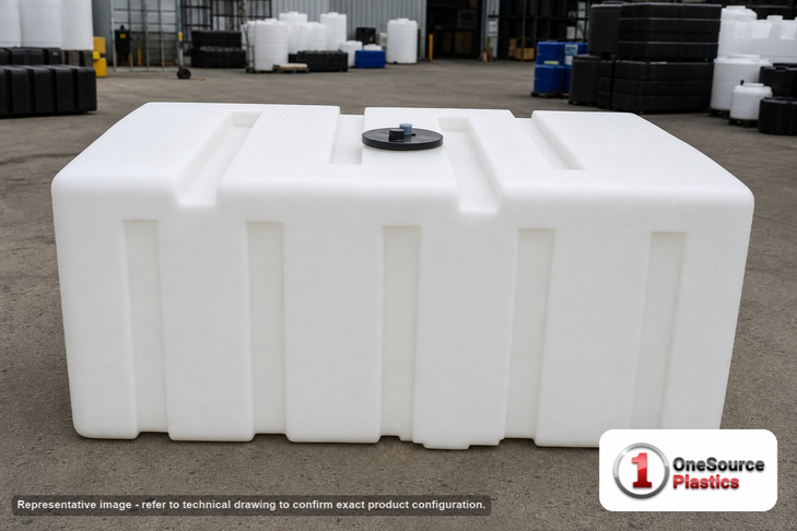 500 Gallon Portable Loaf Utility Tank in White. . Manufacturer part number N-43843. Sold by OneSource Plastics (https://www.onesourceplastics.com).