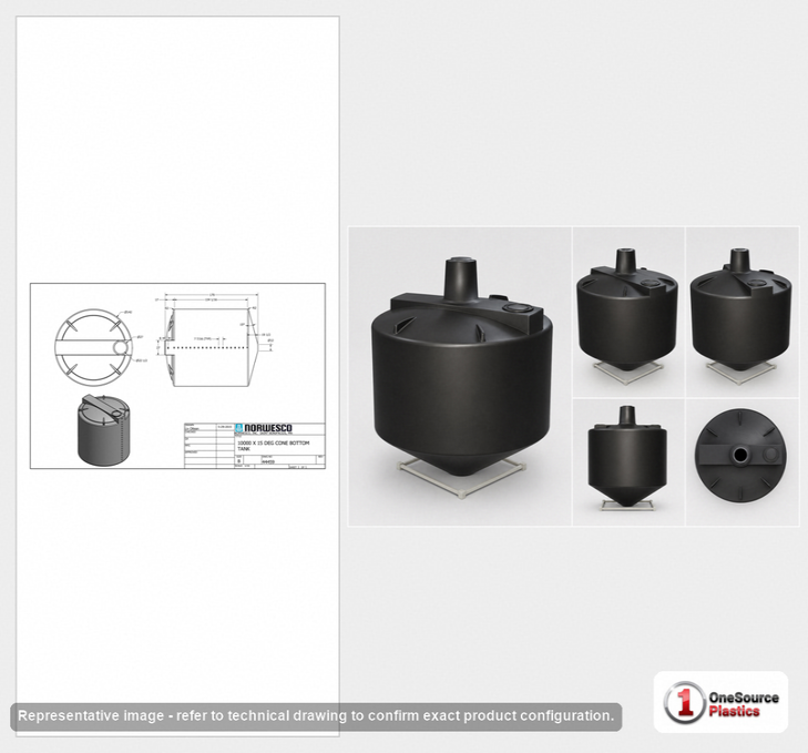 Dimensional spec drawing for Norwesco 10000 Gallon Cone Bottom Tank