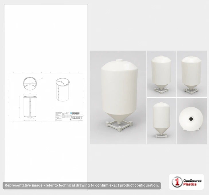 Dimensional spec drawing for Norwesco 250 Gallon Cone Bottom Tank