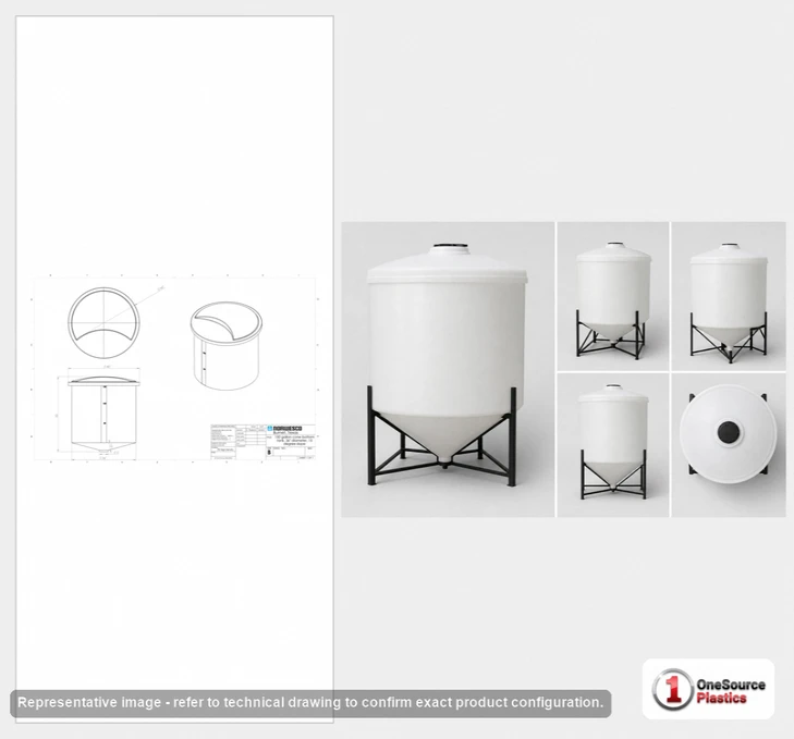 Dimensional spec drawing for Norwesco 150 Gallon Cone Bottom Tank