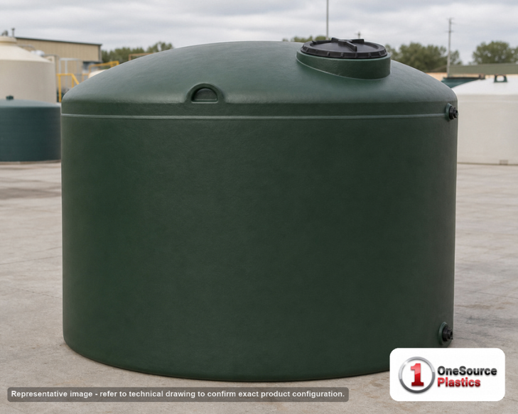 3000 Gallon Plastic Vertical Water Storage Tank in Green. High Density Linear Polyethylene; Green; dimensions 93.0in H x 102.0in W x 102.0in L; 470.0 lb empty; 1.0 specific gravity rating. Manufacturer part number SII-WG73. Sold by OneSource Plastics (https://www.onesourceplastics.com).