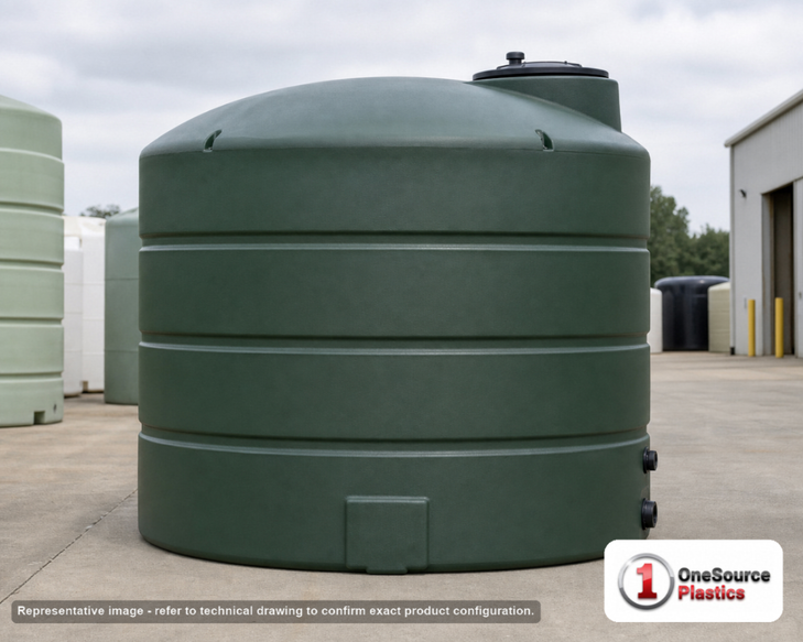 3000 Gallon Plastic Vertical Water Storage Tank in Green. High Density Linear Polyethylene; Green; 96" H x 102" W x 102" L.