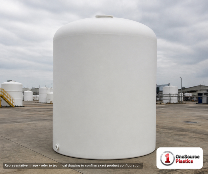 12500 Gallon Plastic Vertical Liquid Storage Tank in White. High Density Linear Polyethylene; White; dimensions 199.0in H x 142.0in W x 142.0in L; 4200.0 lb empty; 1.9 specific gravity rating. Manufacturer part number SII-5350000C26. Sold by OneSource Plastics (https://www.onesourceplastics.com).