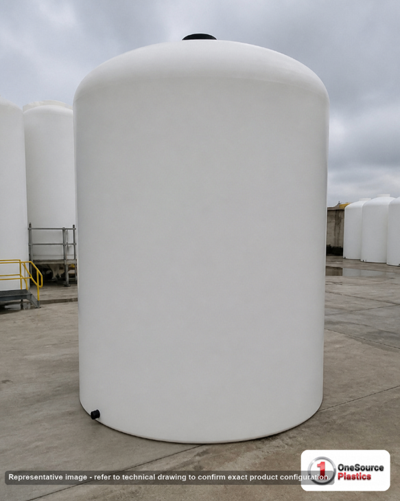 12500 Gallon Plastic Vertical Liquid Storage Tank in White. High Density Linear Polyethylene; White; 198" H x 142" W x 142"