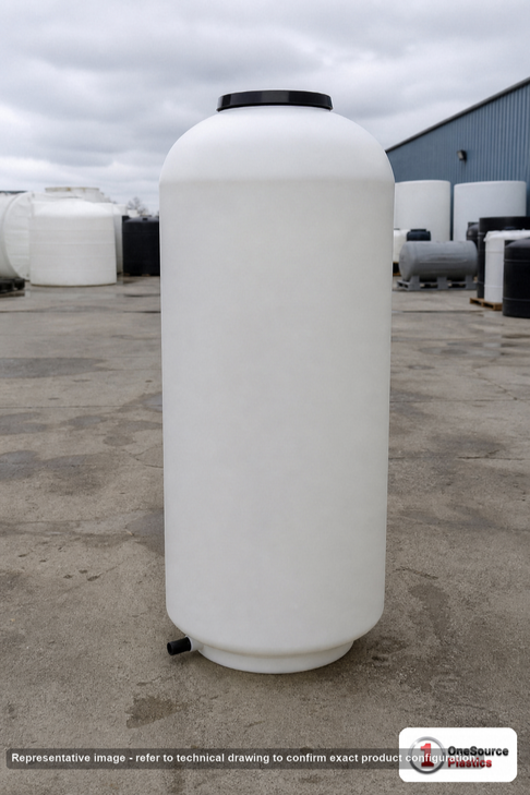 300 Gallon HDPE Vertical Liquid Storage Tank. Polyethylene; White; dimensions 80.0in H x 35.0in W x 35.0in L; 65.0 lb empty; 1.9 specific gravity rating. Manufacturer part number SII-1630000C26. Sold by OneSource Plastics (https://www.onesourceplastics.com).