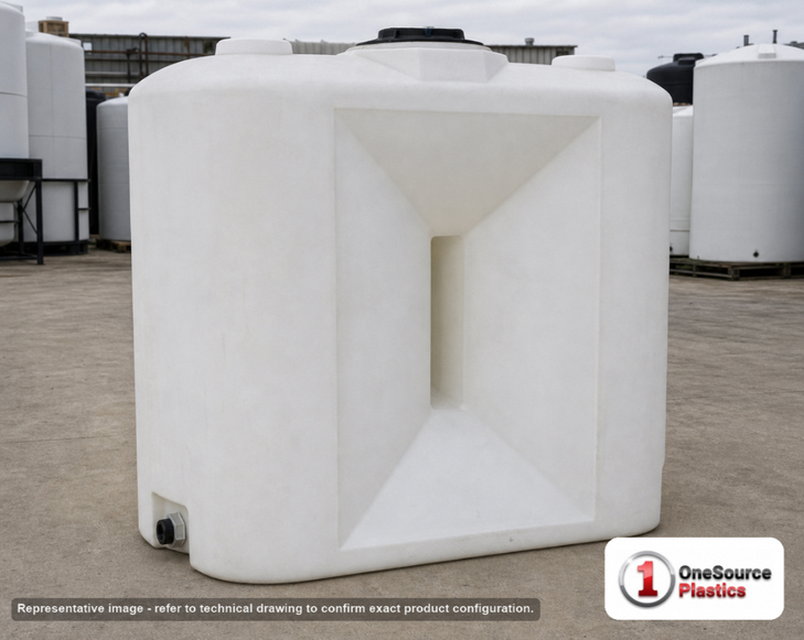 750 Gallon Doorway Water Tank. 750 gallon capacity; Polyethylene; White; 85" H x 35" W x 82" L; fittings: 2" fitting with 2"