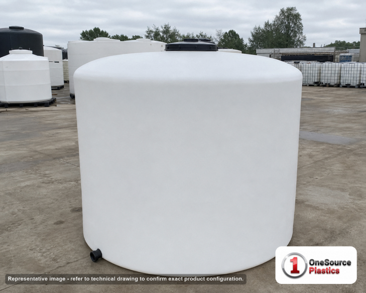 3000 Gallon Plastic Vertical Liquid Storage Tank. Polyethylene; White; dimensions 96.0in H x 102.0in W x 102.0in L; 520.0 lb empty; 1.5 specific gravity rating. Manufacturer part number SII-7410000C37. Sold by OneSource Plastics (https://www.onesourceplastics.com).