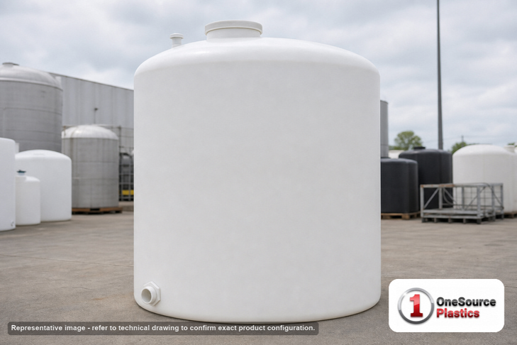 4100 GALLON PLASTIC VERTICAL LIQUID STORAGE TANK 1.9 S.G.. Polyethylene; White; dimensions 130.0in H x 102.0in W x 102.0in L; 850.0 lb empty; 1.9 specific gravity rating. Manufacturer part number SII-7360000C26. Sold by OneSource Plastics (https://www.onesourceplastics.com).